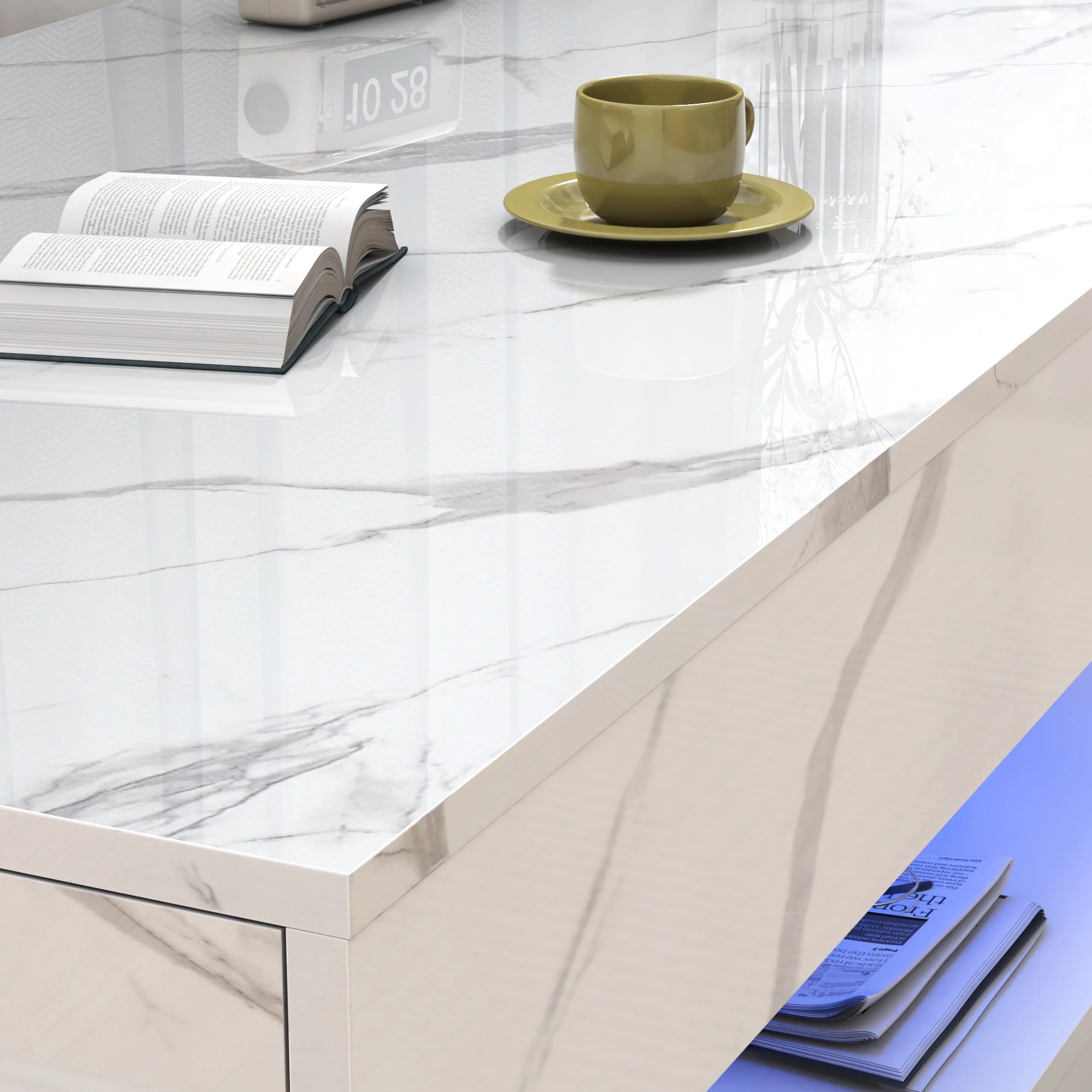 LED Coffee Table with 2 Storage Drawers — 20-Color RGB, Double-Layer, High Gloss Black