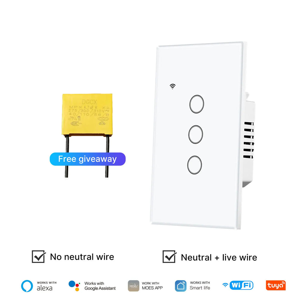 Tuya WiFi Smart Light Switch Glass Touch Control Fireproof No Neutral Wire Required Remote Control Work With Alexa Google Home