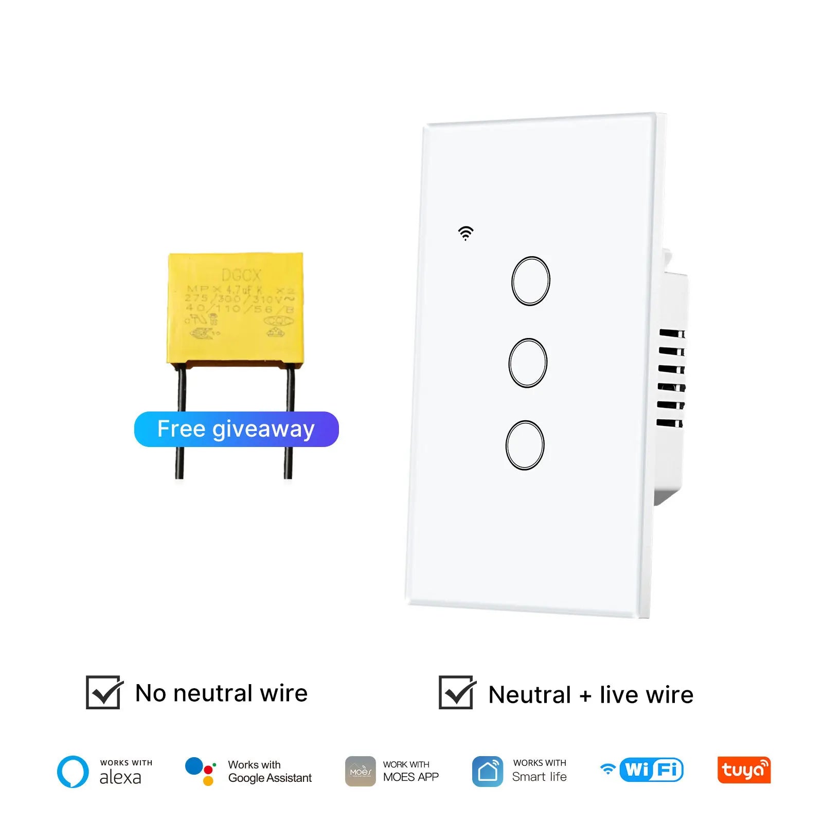 Tuya WiFi Smart Light Switch Glass Touch Control Fireproof No Neutral Wire Required Remote Control Work With Alexa Google Home
