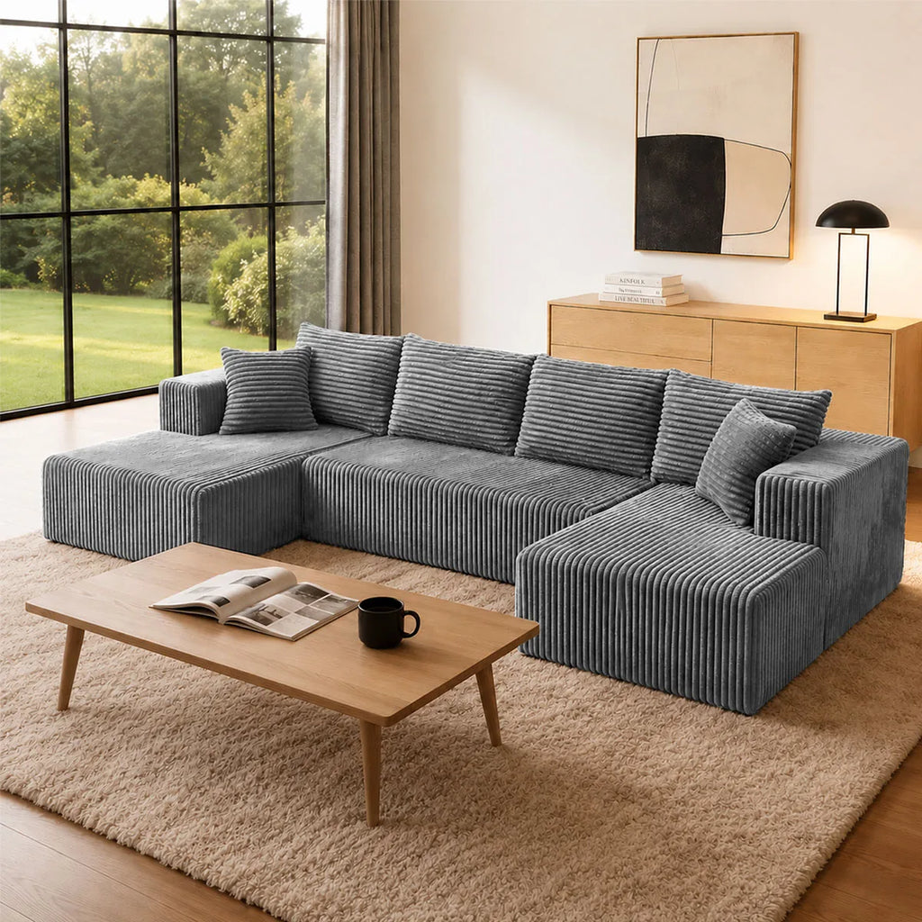 132" U-Shaped Sectional Sofa — 8-Piece Corduroy Cloud Couch with Double Chaise, Seats 6, Sofa Bed