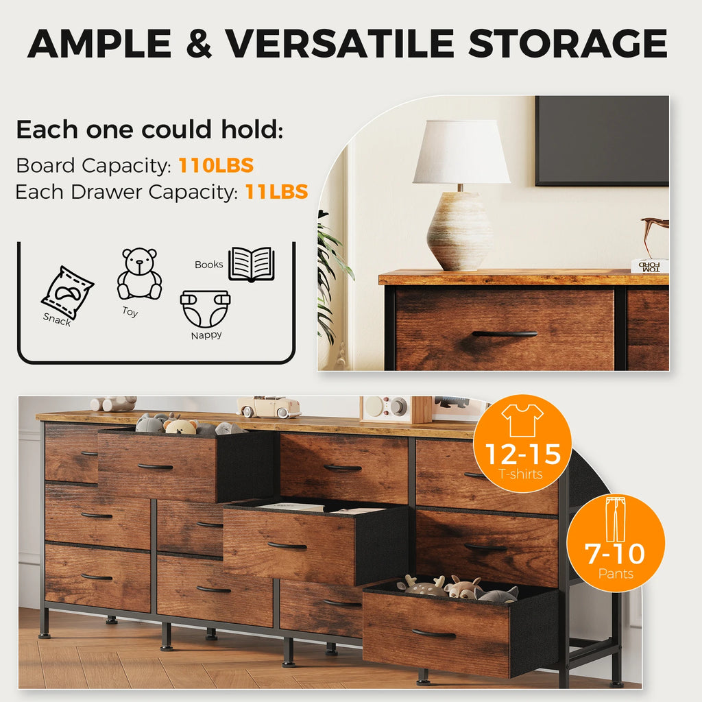 JHK 12-Drawer Fabric TV Stand — Fits Up to 80" TVs, 110 lb Top, Entertainment Center & Dresser