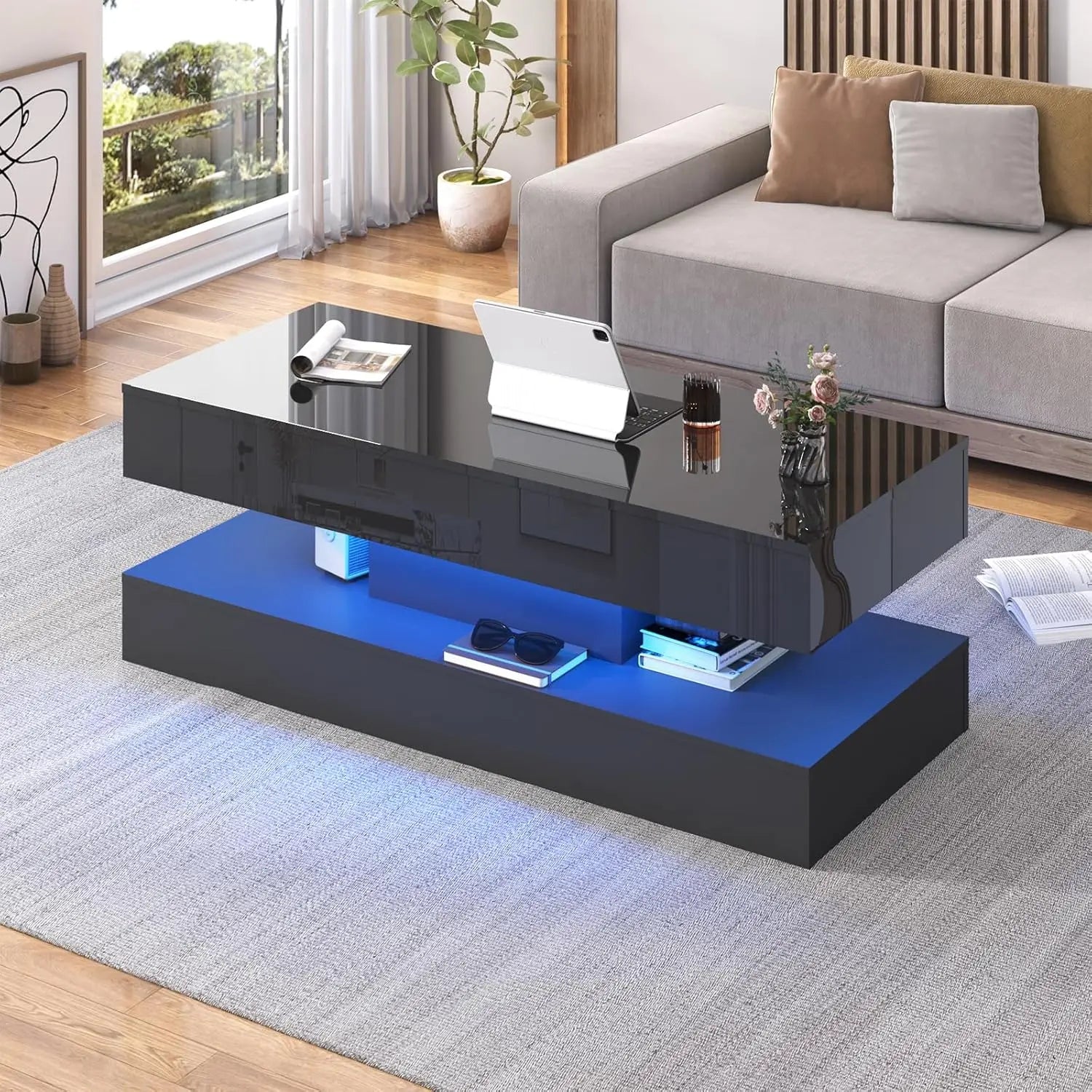 LED Coffee Table with 2 Storage Drawers — 20-Color RGB, Double-Layer, High Gloss Black
