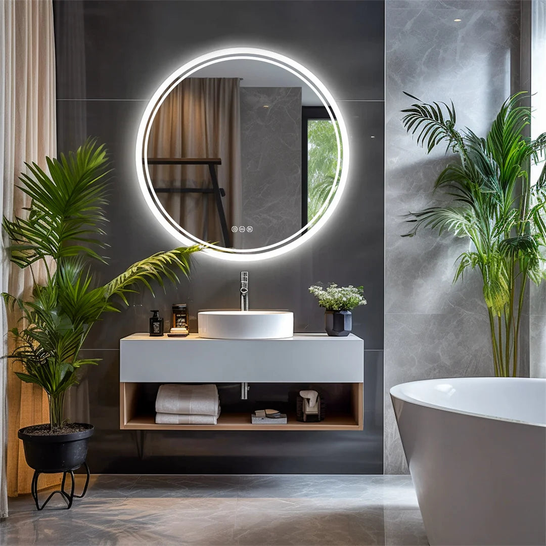 80cm Round LED Bathroom Mirror — Touch Dimmer, Anti-Fog, 3 Color Temperatures, IP44