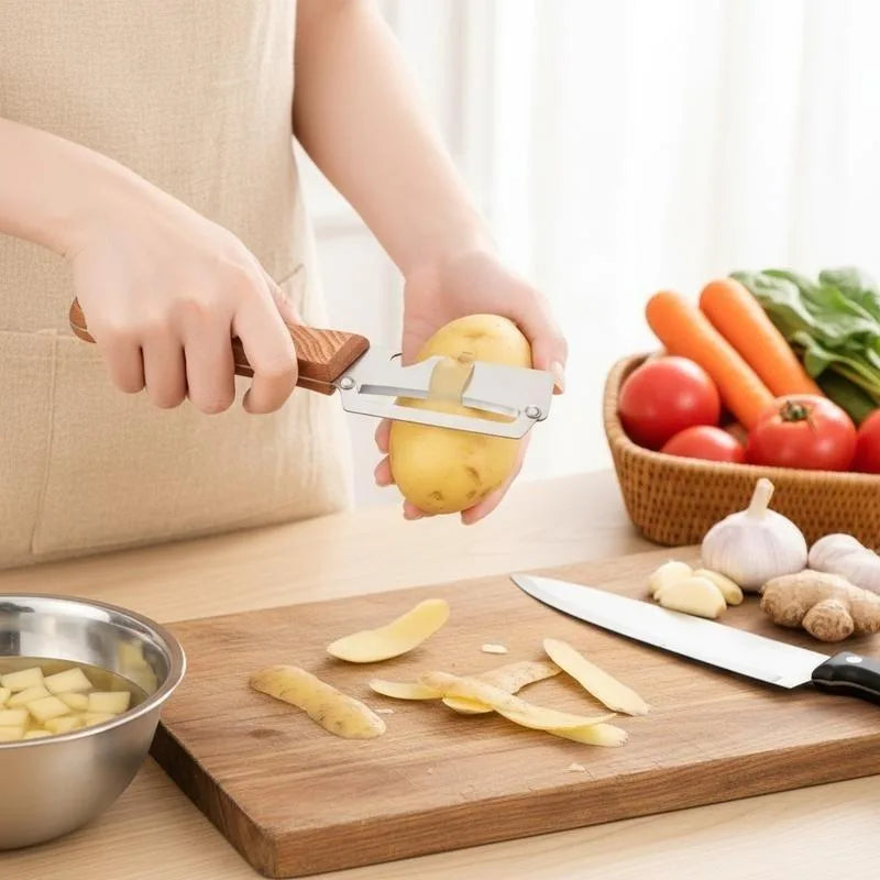 2-Pack 2-in-1 Vegetable & Fruit Peeler with Bottle Opener — Stainless Steel Blade, Wooden Handle, Zero Snag