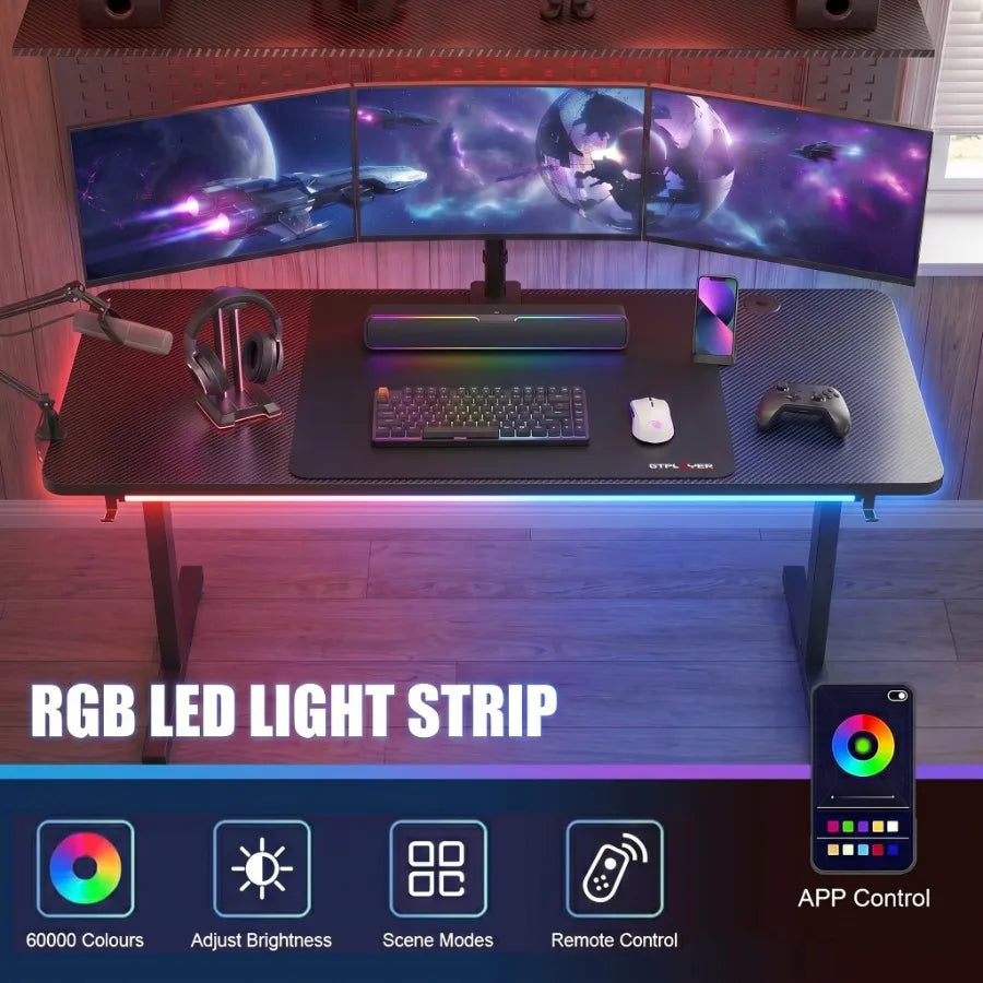 55" Gaming Desk with Smart APP and Remote RGB Lights Carbon Fiber Surface Computer Table with Full Mouse Pad and Headphone Hook