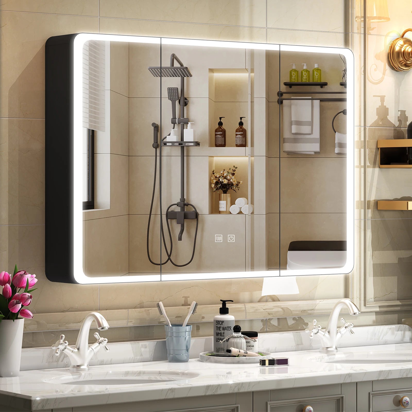 Large LED Medicine Cabinet with Mirror — 2-Door Wall Mount, 5-Compartment Storage, Defogging