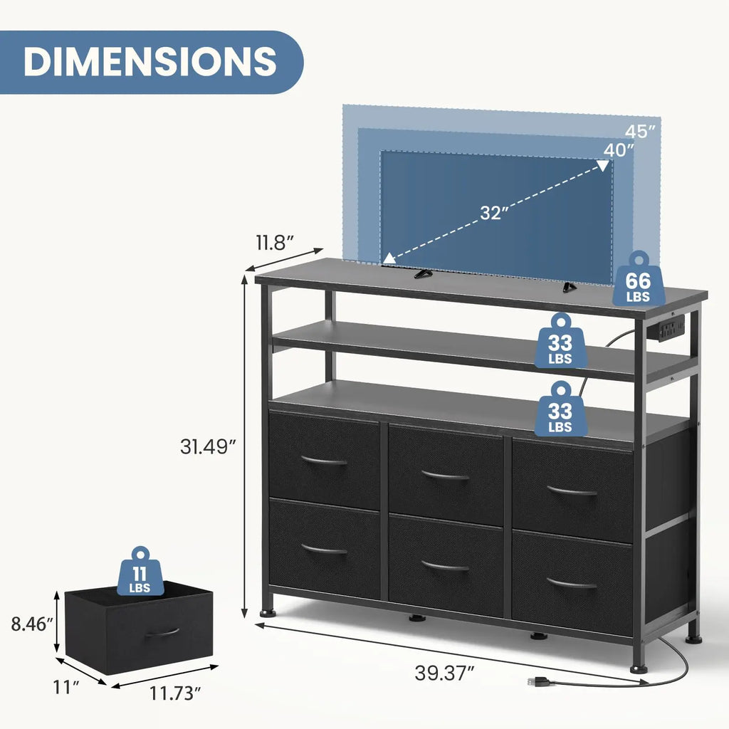 JHK TV Stand with 6 Fabric Drawers & LED Lights — Fits Up to 45" TV, Charging Station, Wood Top
