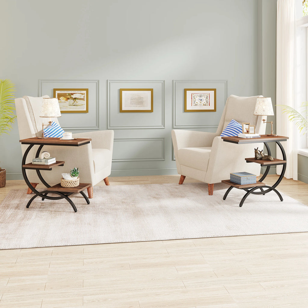 Tribesigns C-Shaped End Table with 3-Tier Storage Shelves | Industrial Sofa Side Table