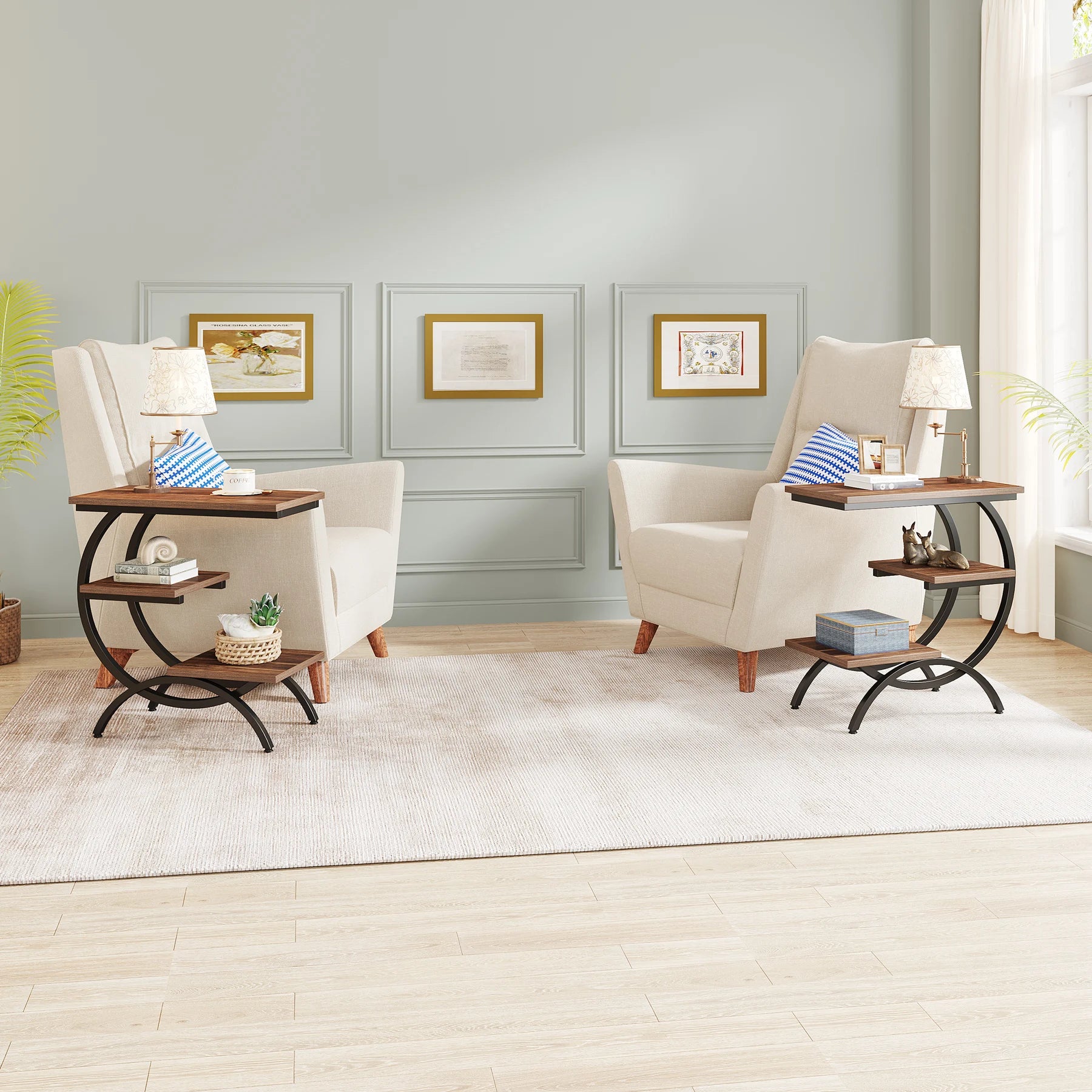 Tribesigns C-Shaped End Table with 3-Tier Storage Shelves | Industrial Sofa Side Table