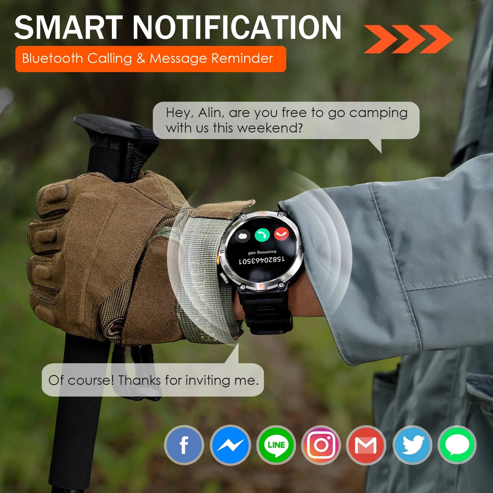 EIGIIS KE3 Smart Watch — Bluetooth Calls, LED Flashlight & Health Monitor