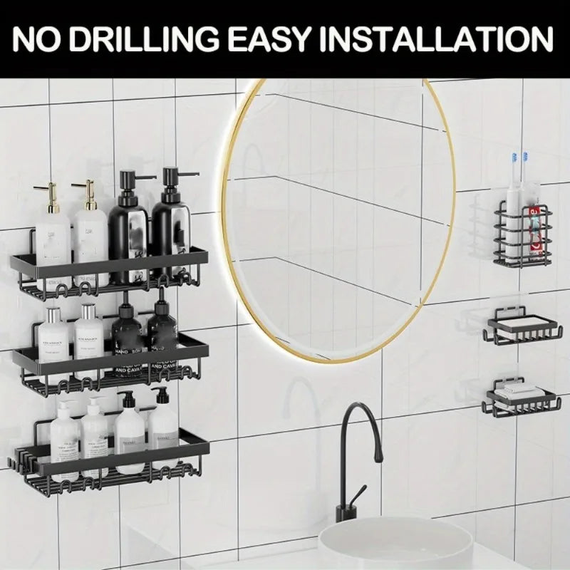 6-Pack Self-Adhesive Shower Caddy Shelves — No-Drill Black Metal Bathroom Organizer Rack