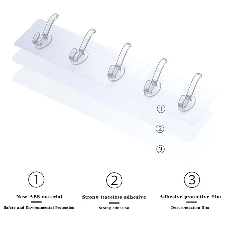 Transparent Multi-Hook Wall Organiser Rack - Seamless Adhesive Hanger for Bathroom, Kitchen & Hallway