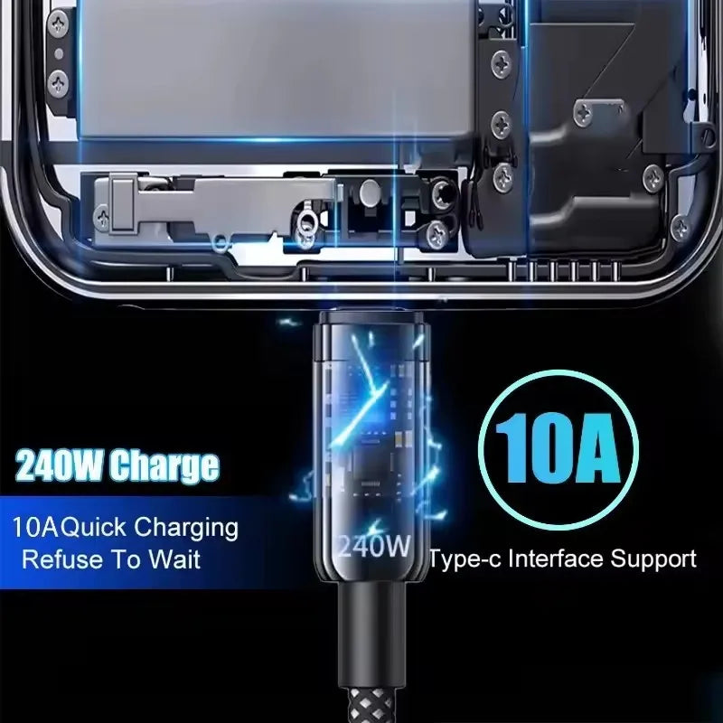 240W Cable QC 3.0 USB to Type C Super Fast Charging Cable For Samsung Xiaomi Huawei LED Digital Display Phone Charger Data Cord