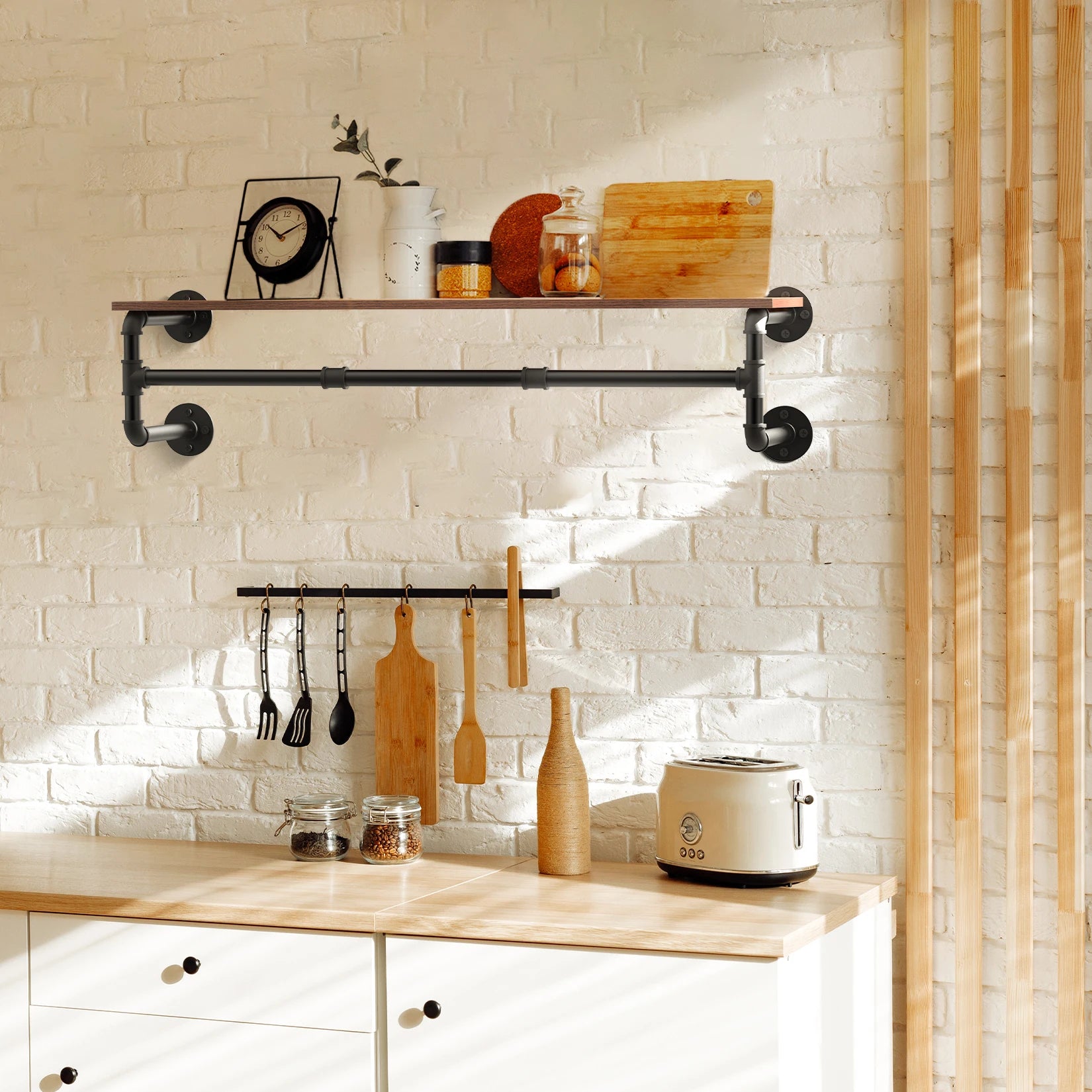 Wall Mounted Industrial Pipe Clothes Rack with Wood Shelf