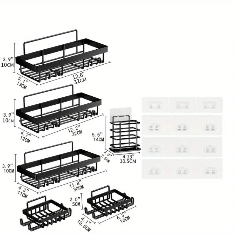 6-Pack Self-Adhesive Shower Caddy Shelves — No-Drill Black Metal Bathroom Organizer Rack