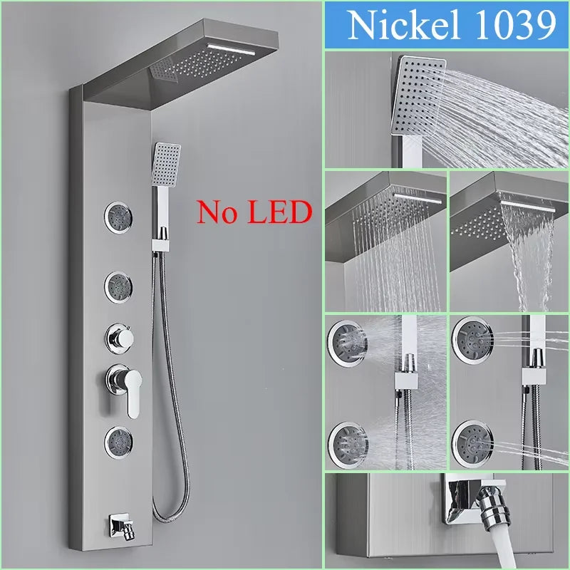 Black/Brushed Stainless Steel 5-function Waterfall Rain Shower Panel with Massage System Tub Spout and Handshower Shower Column