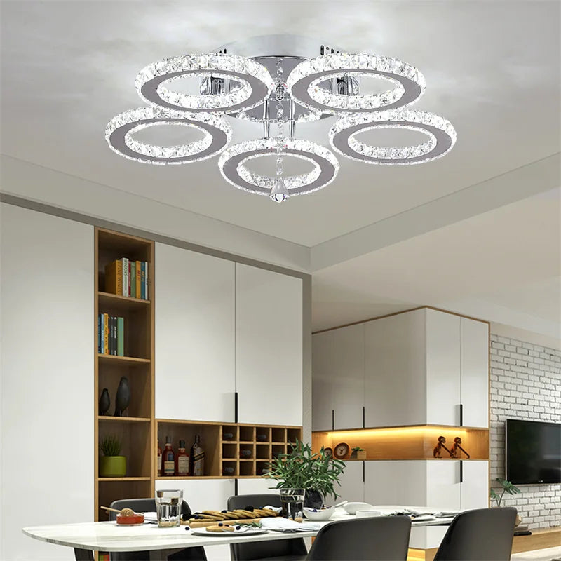 Modern LED Crystal Ring Chandelier | Dimmable | 3 or 5 Ring | Chrome Finish