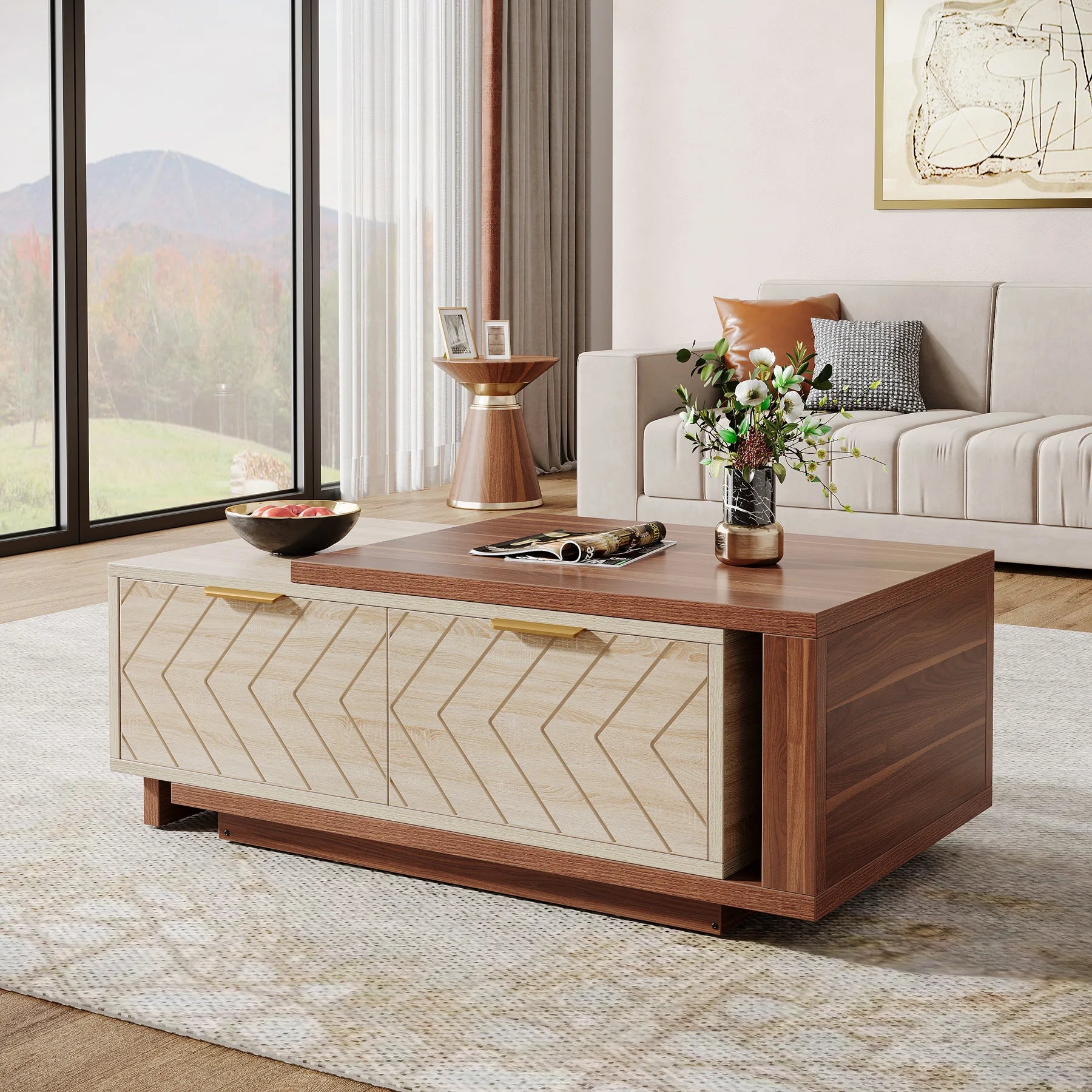 Extendable Coffee Table 42"–65" | Dual-Tone Walnut & Oak, 2 Drawers, Brass Hardware — Minimalist Modern