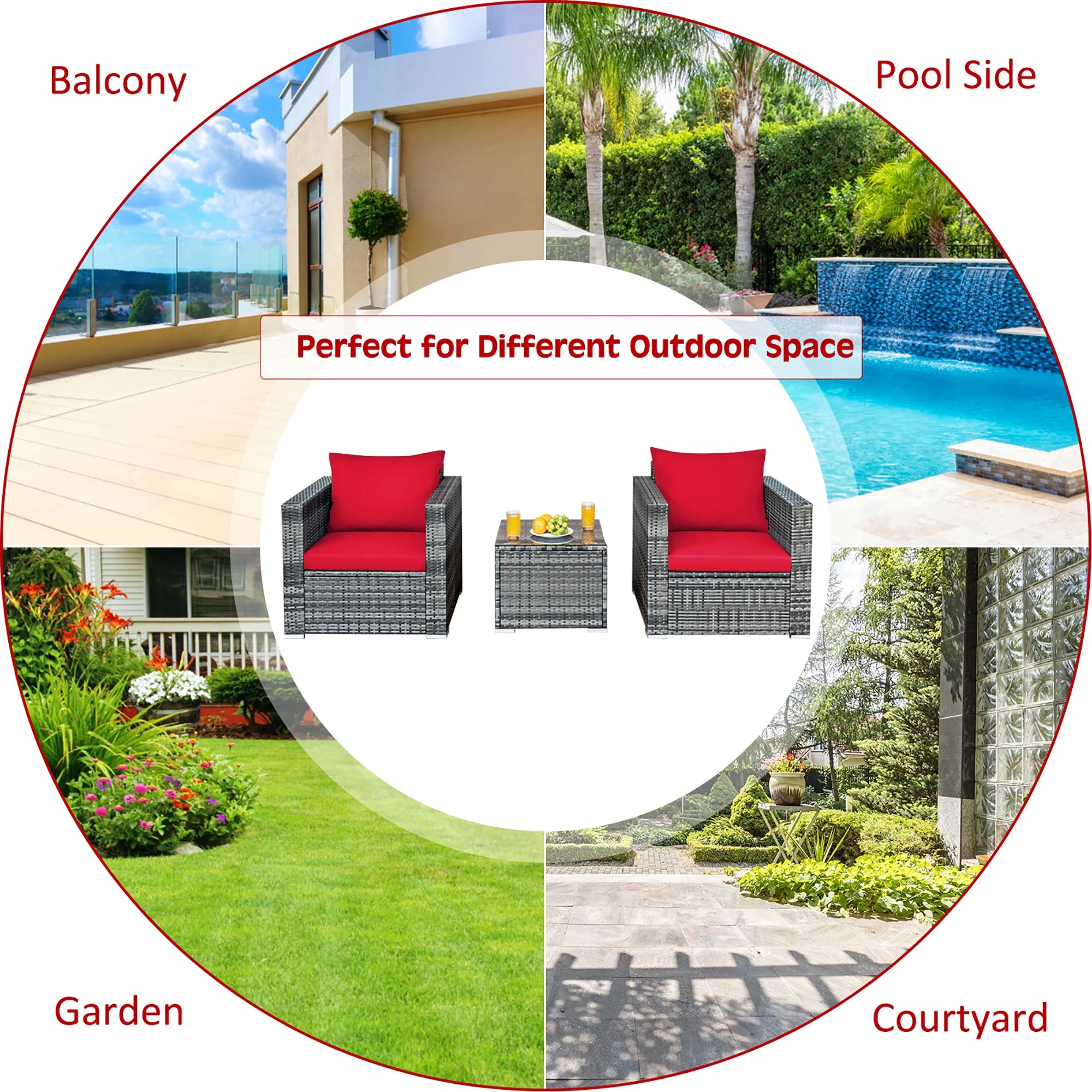 HOMASIS 3-Piece Rattan Patio Bistro Set – Cushioned Sofa Chairs & Tempered Glass Coffee Table for Garden & Poolside