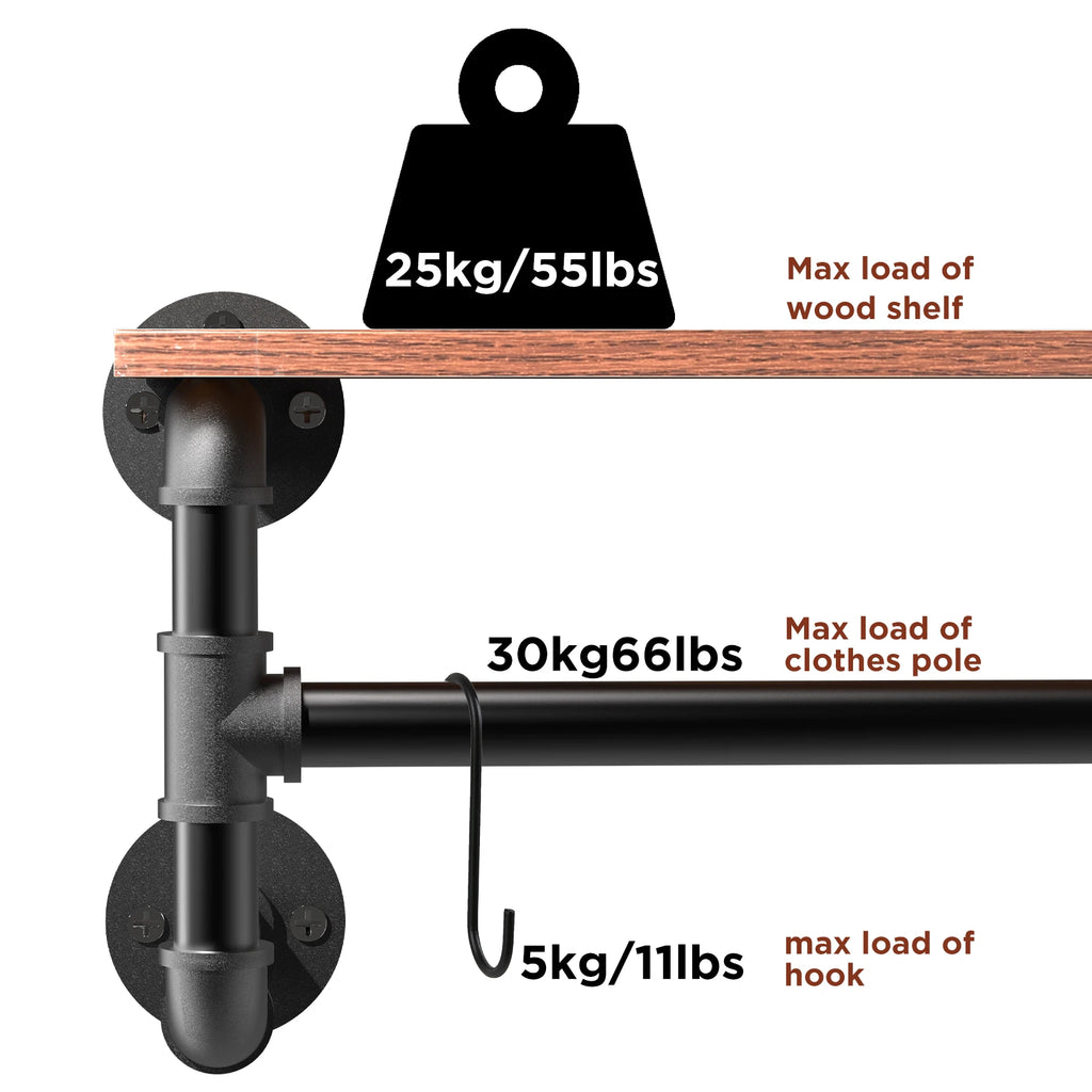 Wall Mounted Industrial Pipe Clothes Rack with Wood Shelf