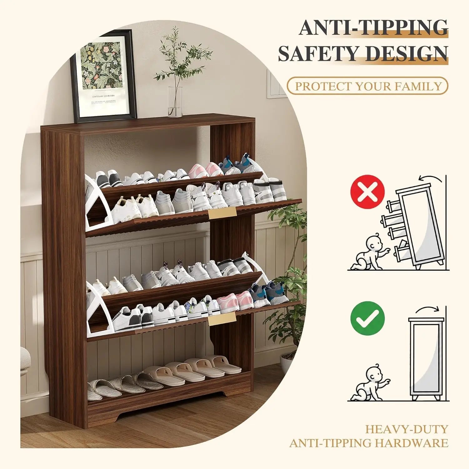 Slim Fluted Shoe Cabinet with 2 Flip Drawers — Hidden Storage, Adjustable Shelves, Anti-Tip, 30"W