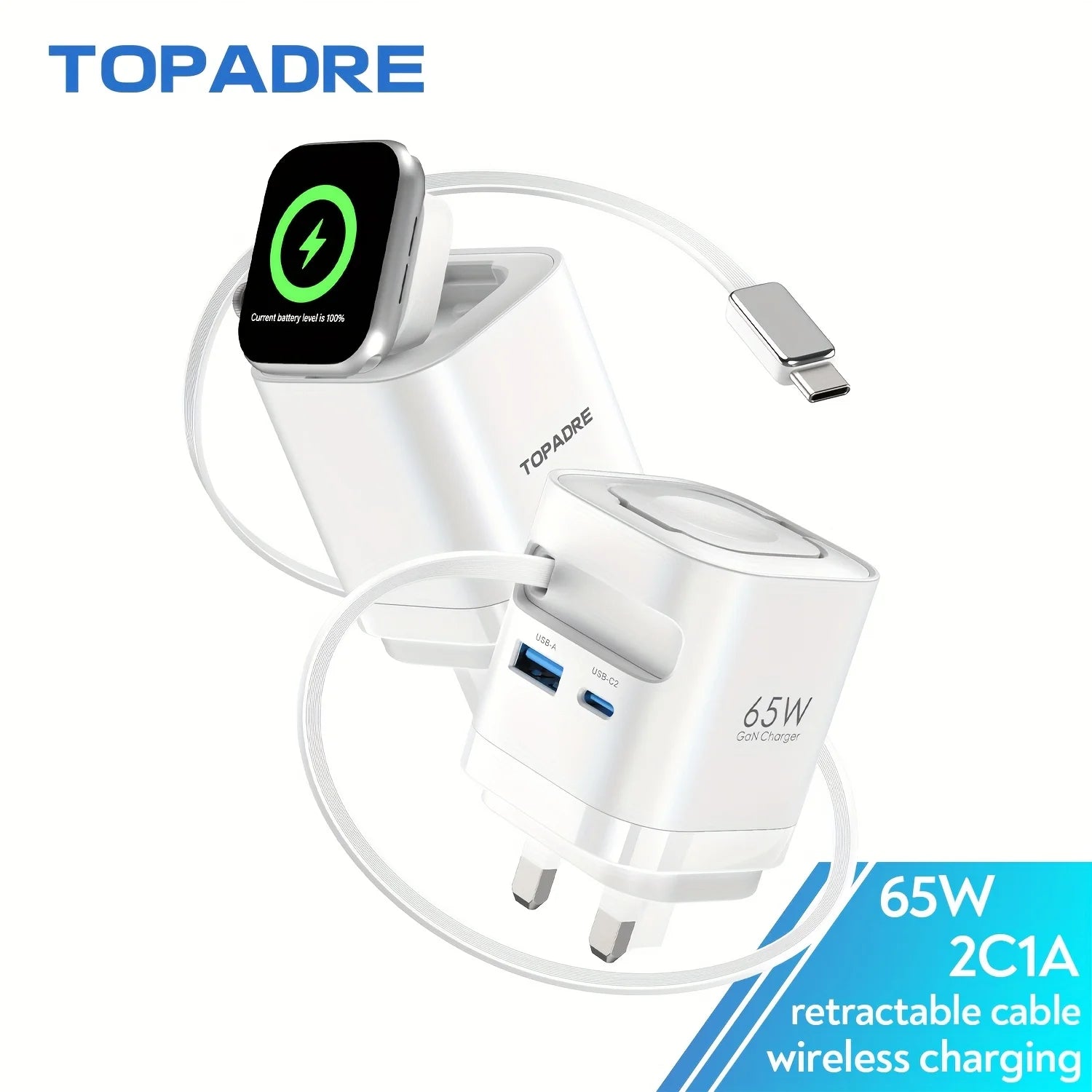 TOPADRE Retractable 65W For Apple Watch wireless Charger, Rapid Charging for Macbook,for iPhone, iPad smartphone, Foldable