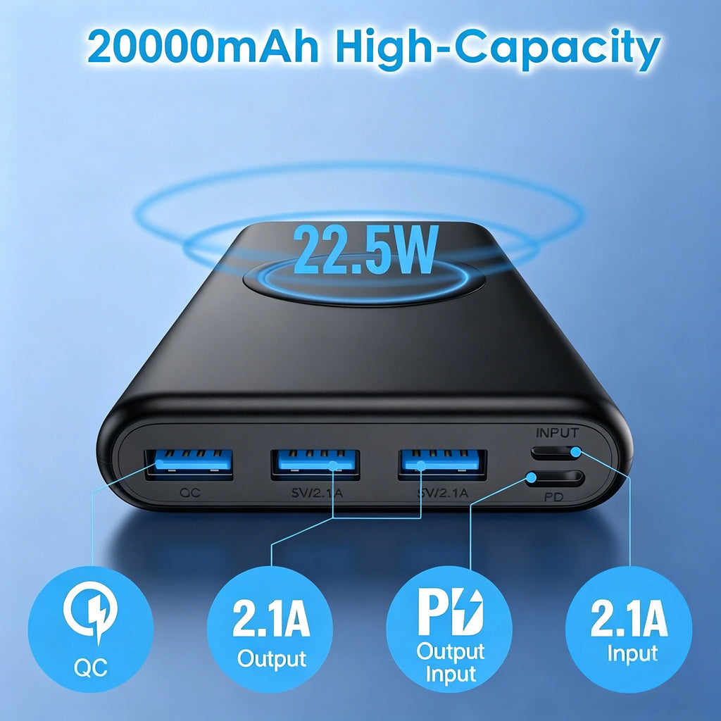 20000mAh Wireless Power Bank 22.5W PD Fast Charging 15W Wireless Charger USB C 5 Ports Portable Charger External Battery Pack for iPhone 16 15 14 Pro Max Samsung Galaxy S25 S24 Ultra iPad Tablet