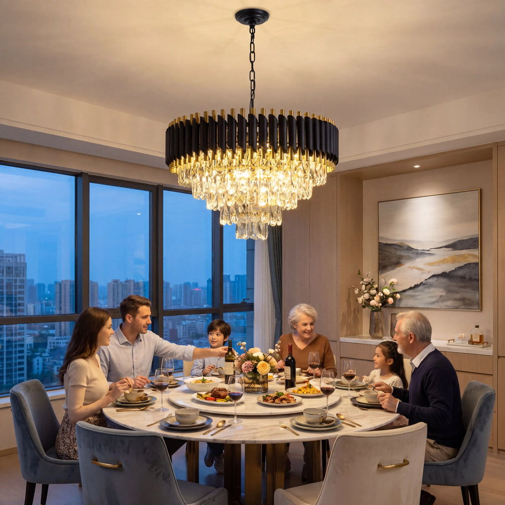 Modern Black & Gold K9 Crystal Chandelier – Dimmable 5-Tier Round Pendant Light for Living Room, Dining Room & Kitchen Island