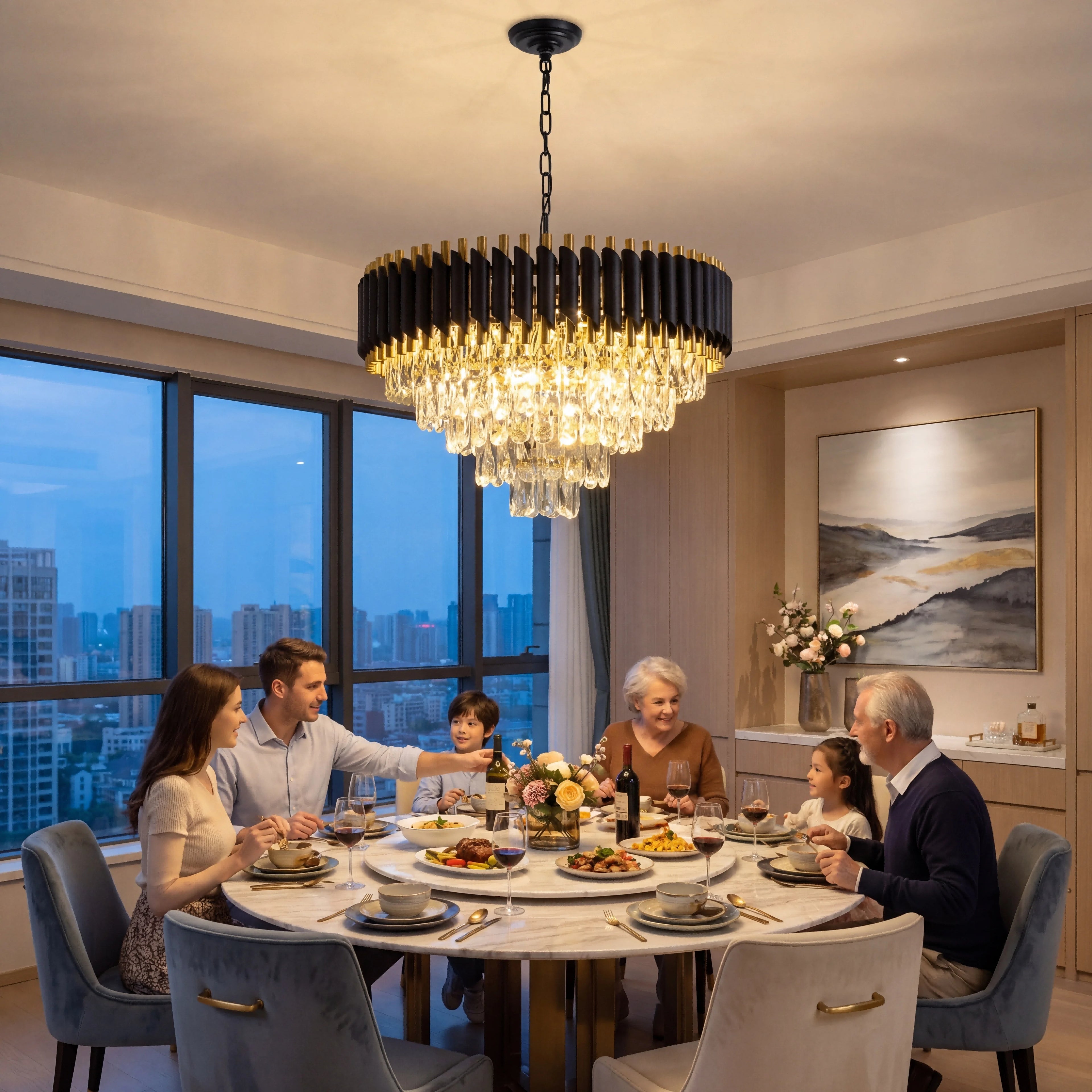 Modern Black & Gold K9 Crystal Chandelier – Dimmable 5-Tier Round Pendant Light for Living Room, Dining Room & Kitchen Island
