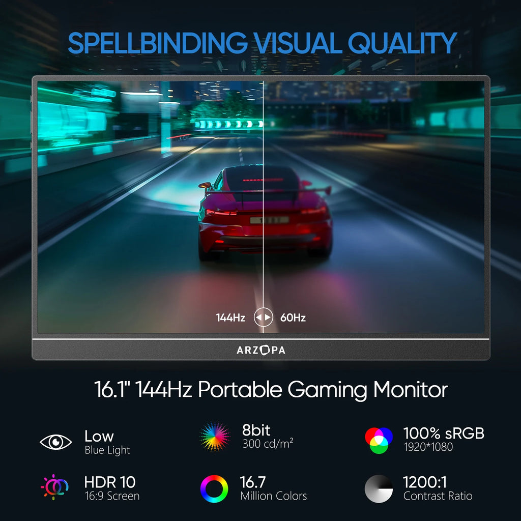 ARZOPA 16.1 Inches Portable Gaming Monitor 144Hz 100% SRGB 1080P FHD IPS Screen Second Screen for Switch, Xbox, PS5, Laptop, Mac