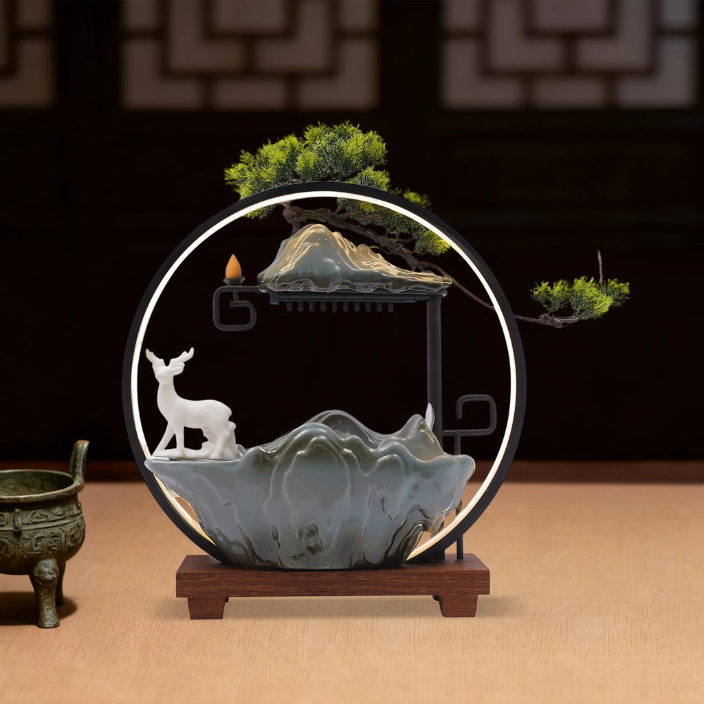 Ceramic Tabletop Fountain with Mist, LED & Deer Figurine | Indoor Zen Decor