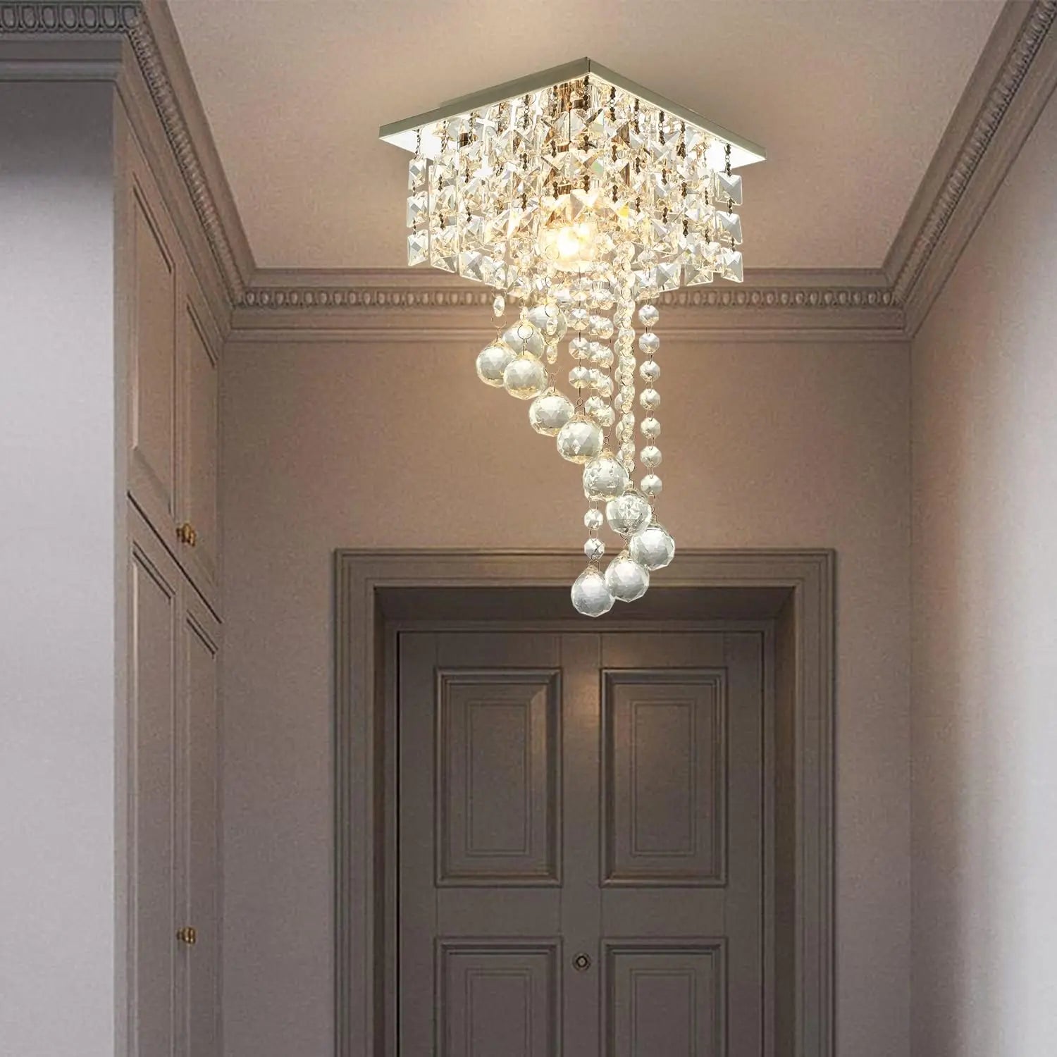 Mini K9 Crystal Chandelier — 7.9" Square Flush Mount Ceiling Light, E26, Stainless Steel, UL Listed