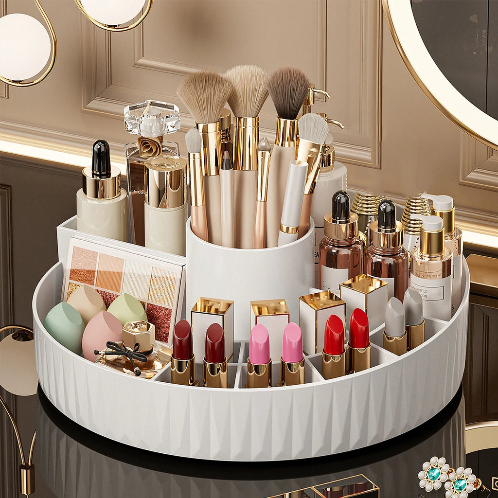 360° Rotating Makeup Organizer — Multi-Compartment Storage for Lipstick, Brushes & Skincare