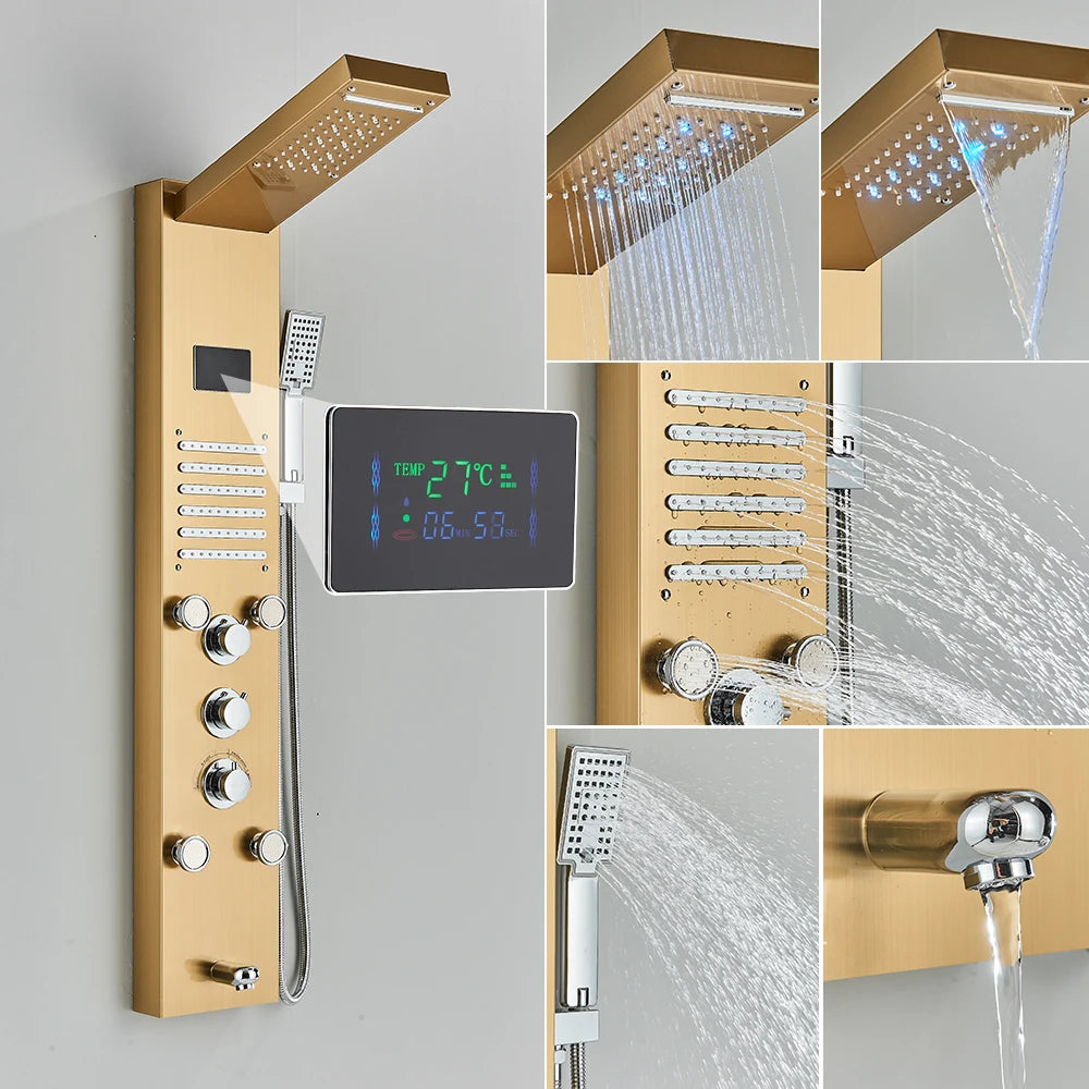 Luxury Black/Brushed Bathroom Shower Faucet LED Shower Panel Column Bathtub Mixer Tap With Hand Shower Temperature Screen