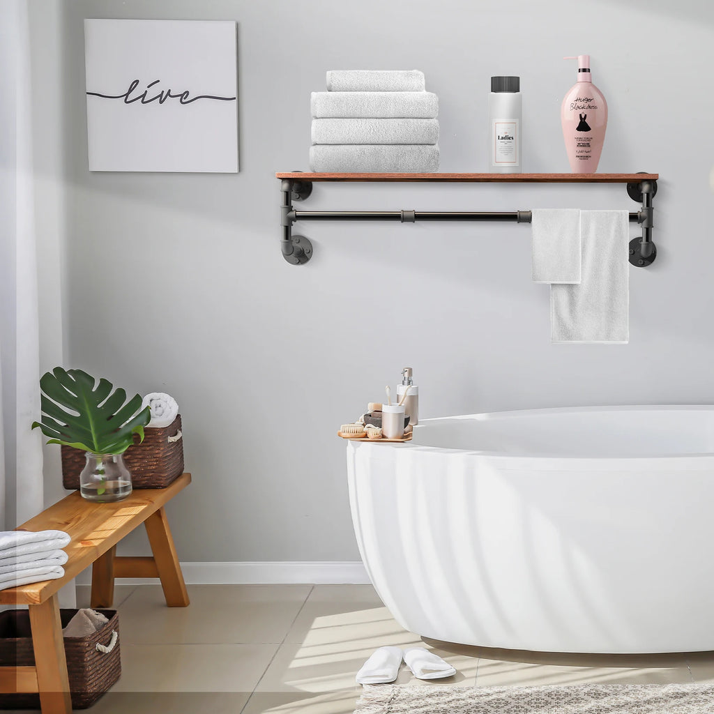 Wall Mounted Industrial Pipe Clothes Rack with Wood Shelf