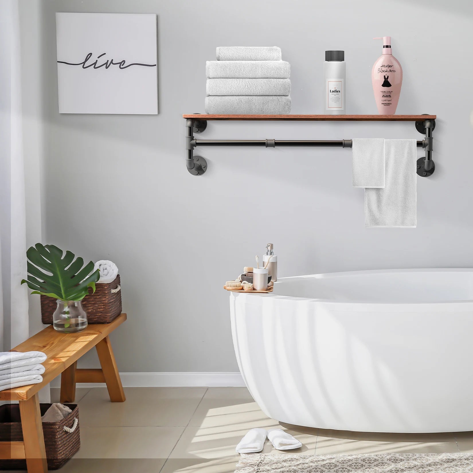 Wall Mounted Industrial Pipe Clothes Rack with Wood Shelf