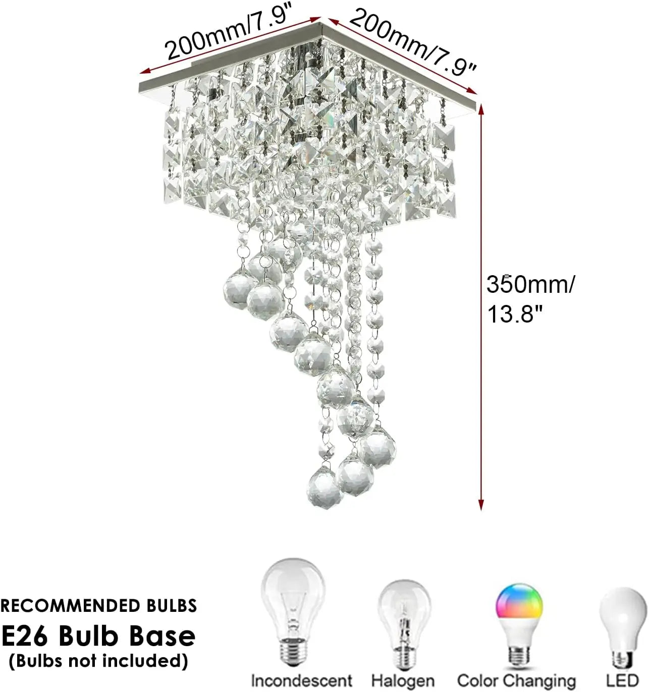 Mini K9 Crystal Chandelier — 7.9" Square Flush Mount Ceiling Light, E26, Stainless Steel, UL Listed