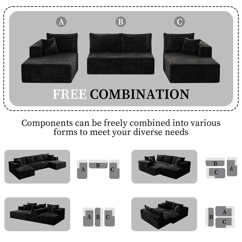 132" U-Shaped Sectional Sofa — 8-Piece Corduroy Cloud Couch with Double Chaise, Seats 6, Sofa Bed