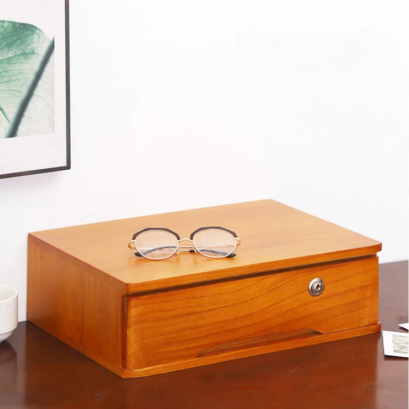 1/2/3 Tier Desktop Storage Box, Wooden Drawer Organizer with Lockable Drawers, No Assembly Required