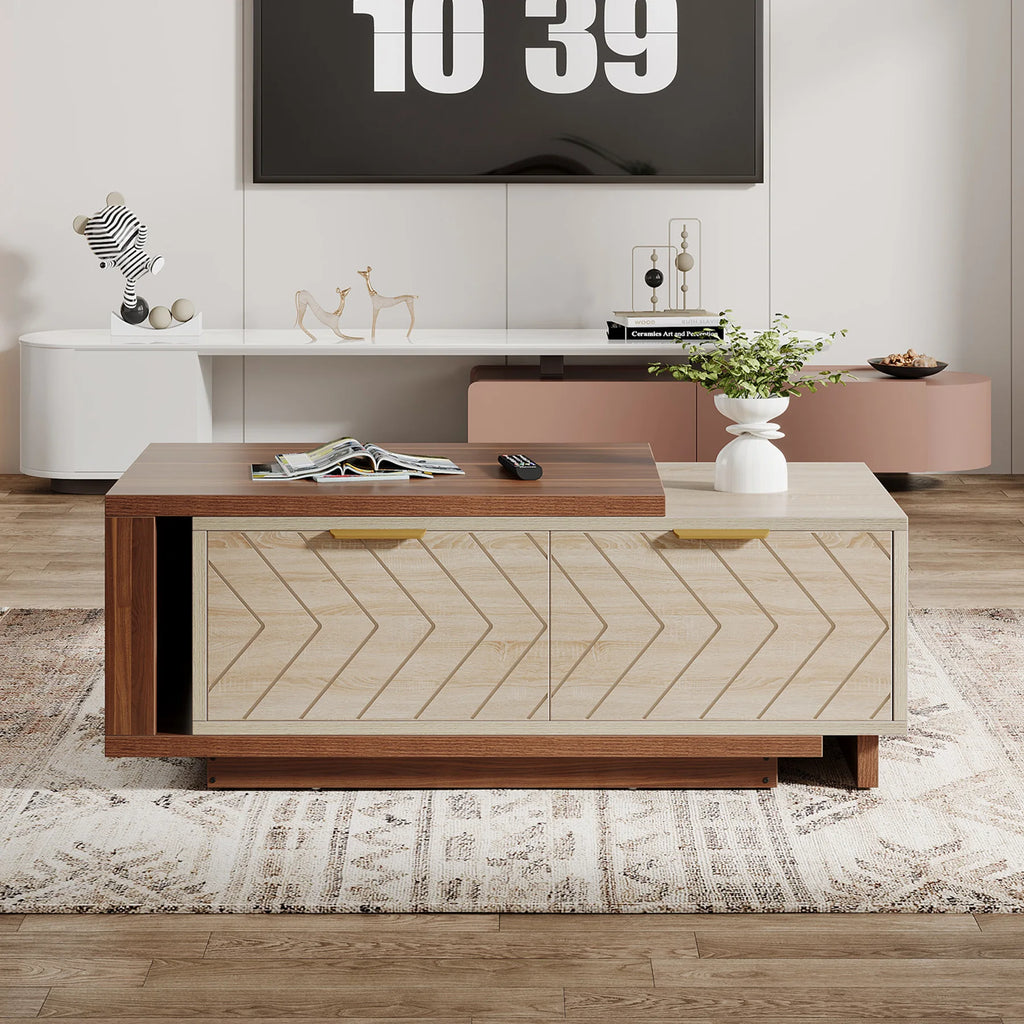 Extendable Coffee Table 42"–65" | Dual-Tone Walnut & Oak, 2 Drawers, Brass Hardware — Minimalist Modern