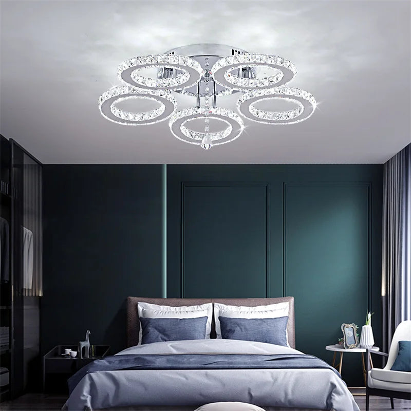 Modern LED Crystal Ring Chandelier | Dimmable | 3 or 5 Ring | Chrome Finish