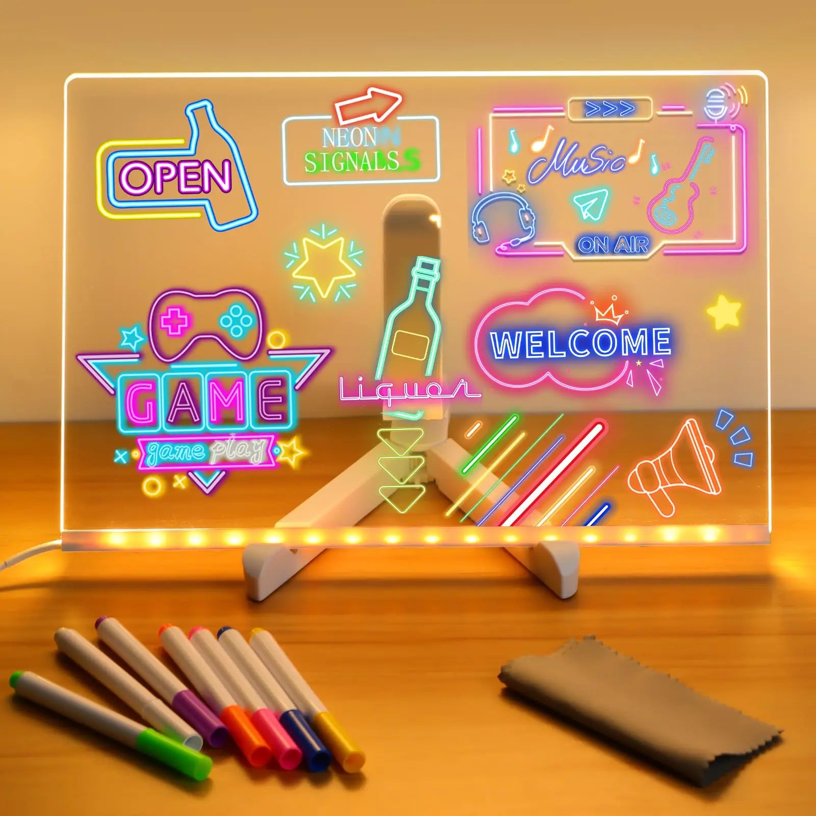 LED Acrylic Light-Up Message Board with 7 Colour Pens | DIY Drawing & Night Light for Kids