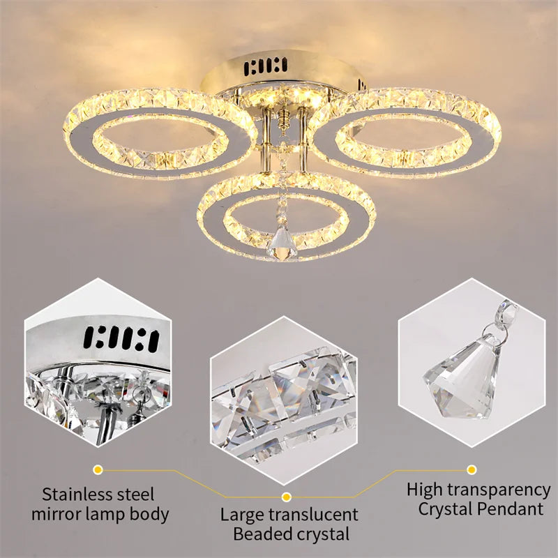 Modern LED Crystal Ring Chandelier | Dimmable | 3 or 5 Ring | Chrome Finish