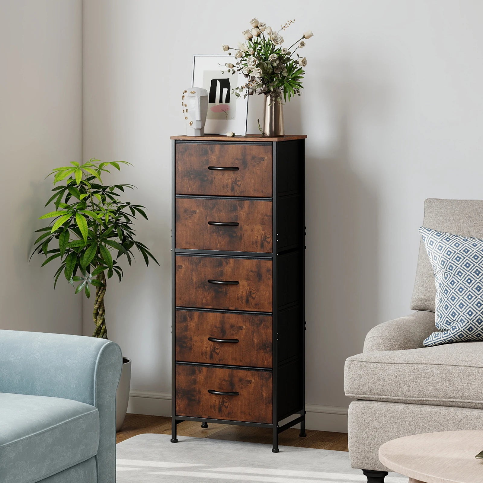 JHK 5-Drawer Fabric Dresser — 48" Tall Chest of Drawers for Bedroom, Closet & Living Room