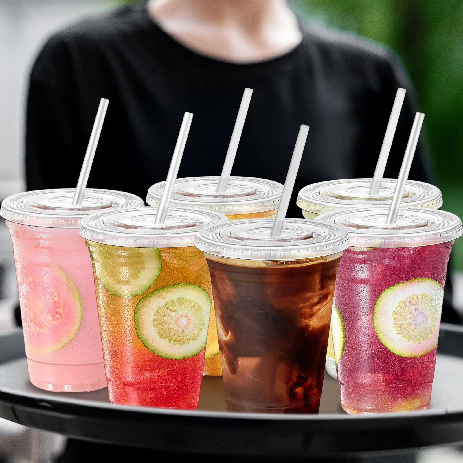 16 oz 100 Pack Clear Plastic Cups with Lids and Straw,leak-proof durable,To-Go Cold Coffee Cups,Disposable Cold Drink Cups for Parties, Outdoor Events, Cafes, and Smoothies