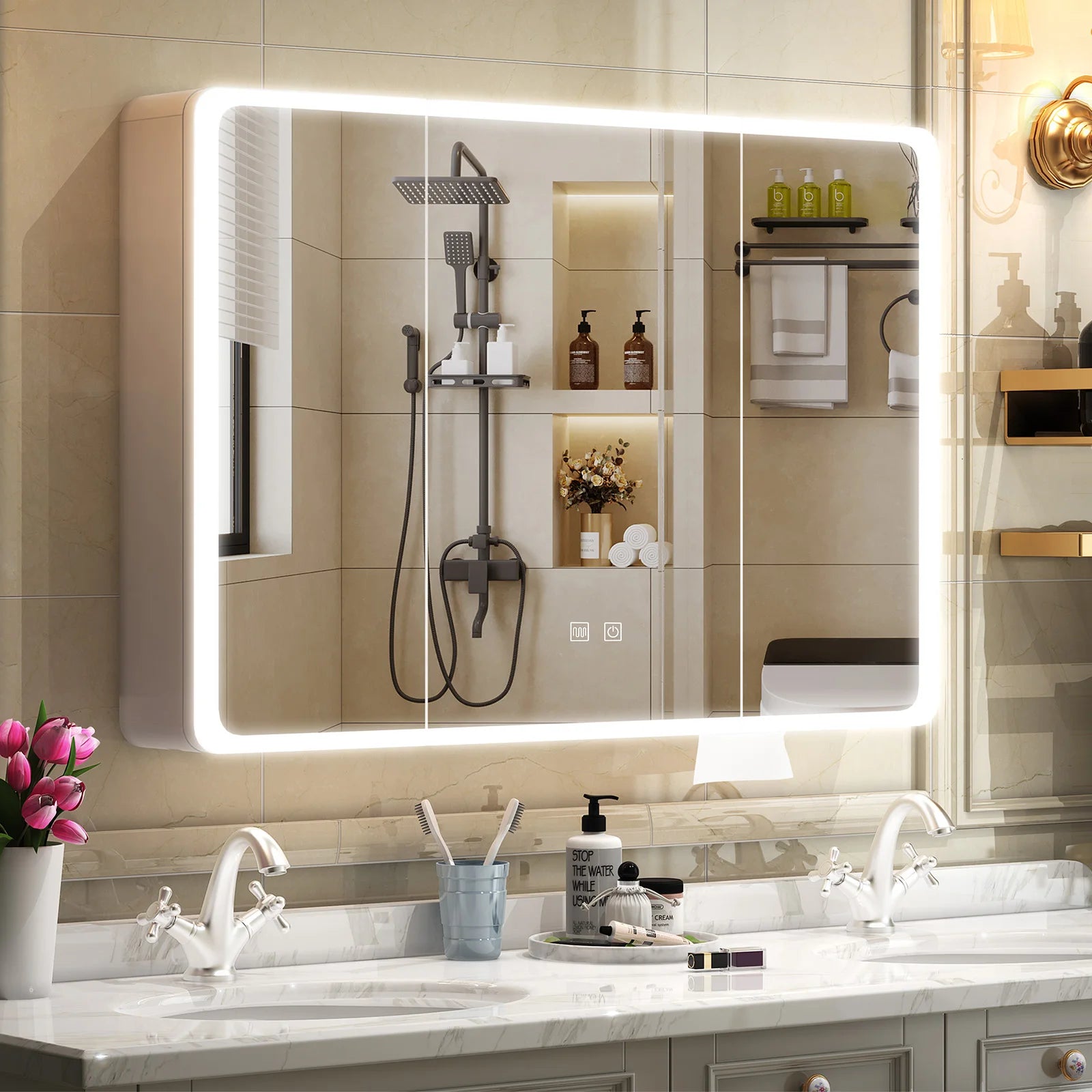 Large LED Medicine Cabinet with Mirror — 2-Door Wall Mount, 5-Compartment Storage, Defogging