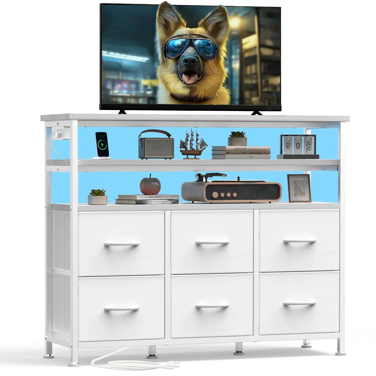 JHK TV Stand with 6 Fabric Drawers & LED Lights — Fits Up to 45" TV, Charging Station, Wood Top