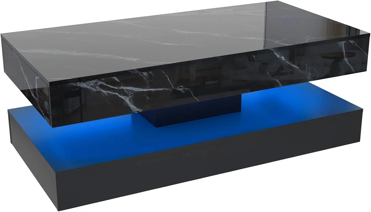 LED Coffee Table with 2 Storage Drawers — 20-Color RGB, Double-Layer, High Gloss Black