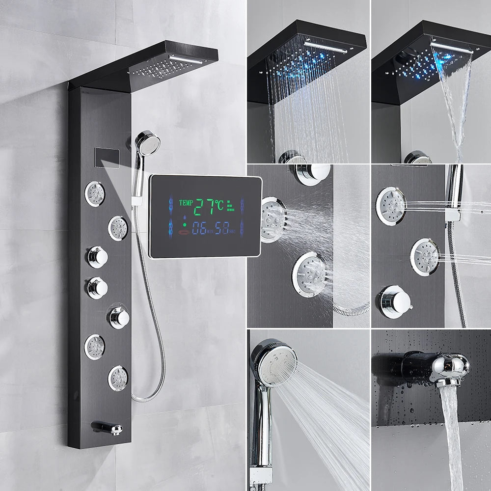 Luxury Black/Brushed Bathroom Shower Faucet LED Shower Panel Column Bathtub Mixer Tap With Hand Shower Temperature Screen