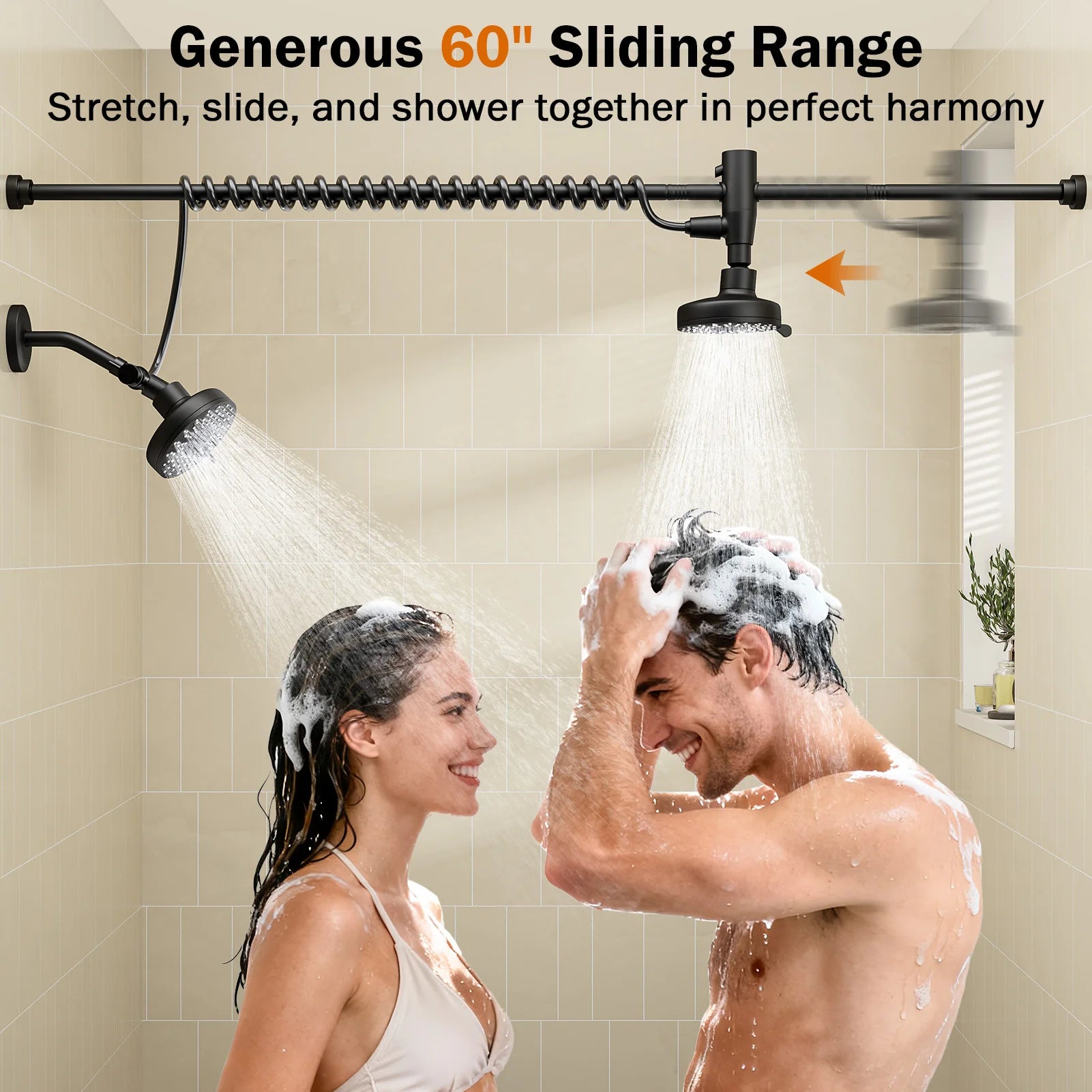 Dual Shower Head System for Two — 60" Adjustable Slider, High Pressure, No-Drill Install